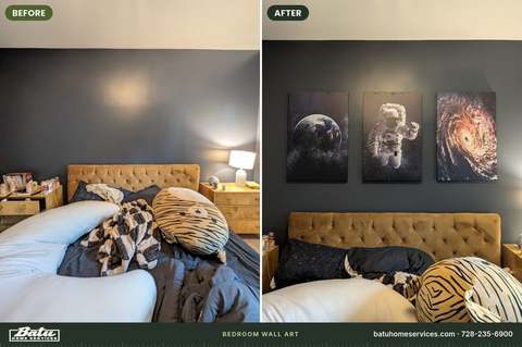 Before and after: bedroom accent wall, then a three-panel art set above the bed