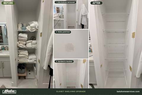 Closet shelving upgrade in stages: before, patched and leveled, then new wire shelves