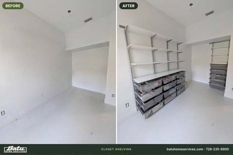 Before and after: empty walk-in closet, then a wall-mounted shelving system