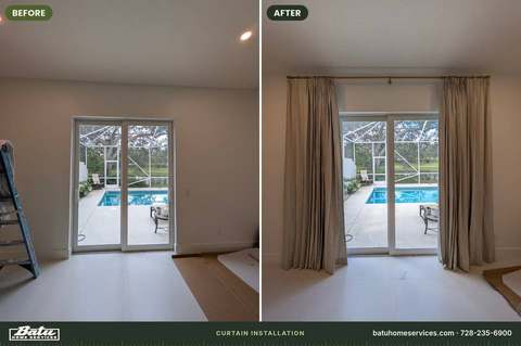 Before and after: bare sliding doors, then curtain rod and curtains installed