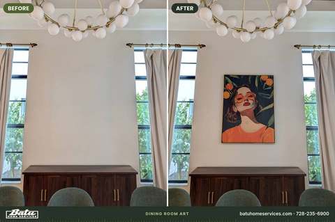 Before and after: bare dining room wall, then a large portrait hung between windows