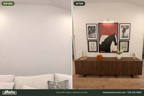 Before and after: plain wall over a sofa, then a four-print gallery wall