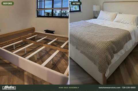 Before and after: bed frame parts on the floor, then a king bed fully assembled