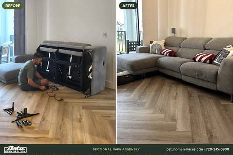 Before and after: sectional pieces in boxes, then the sofa assembled