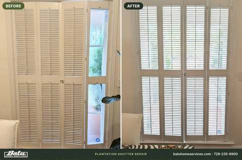Before and after: sagging plantation shutters, then shutters repaired and aligned
