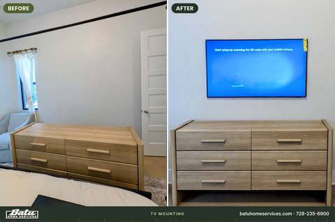 Before and after: bare bedroom wall, then a TV mounted above the dresser