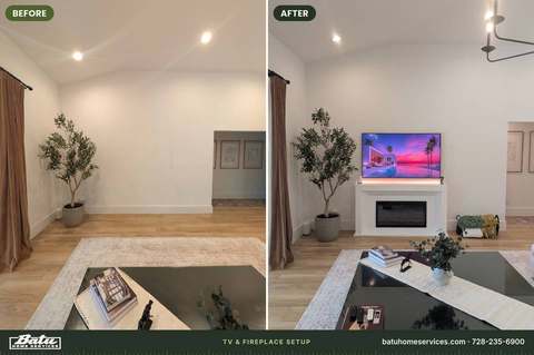 Before and after: blank living room wall, then a TV mounted above a white fireplace console
