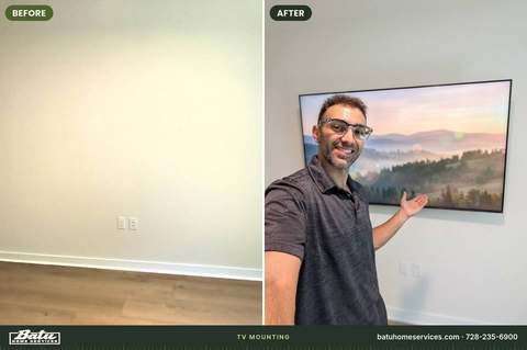 Before and after: empty wall, then a large TV mounted with Batu standing beside it