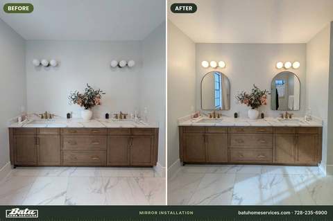 Before and after: double vanity, then two arched mirrors hung evenly
